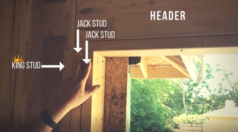 Man pointing to a kind stud and jack stud that make up a header above a walkway in a house