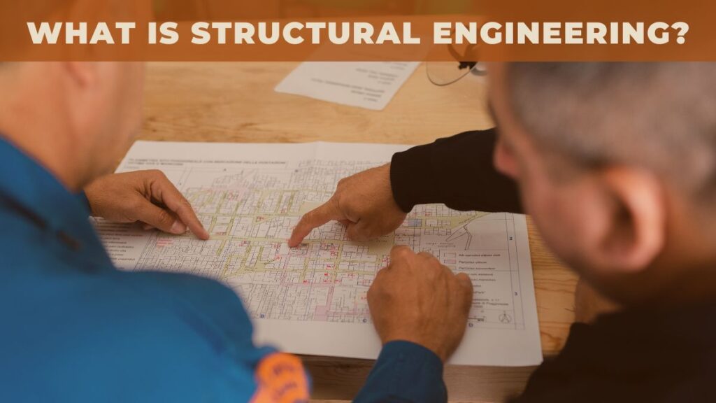 Two men pointing at a structural design